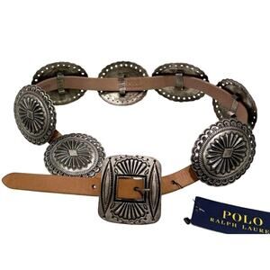 Polo Ralph Lauren Sterling Silver Concho Belt NWT Womens Size Small Tan Leather